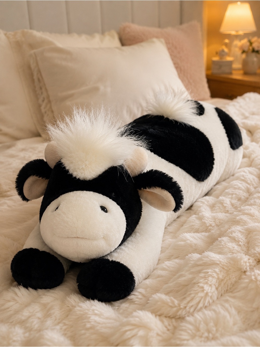 Plush Black & White Cow Bolster Pillow - Soft Decorative Bed Cushion